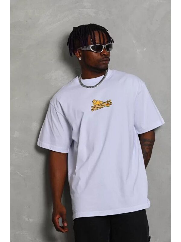 Jane's Unisex Bisiklet Yaka Baskılı Oversize T-Shirt - Beyaz