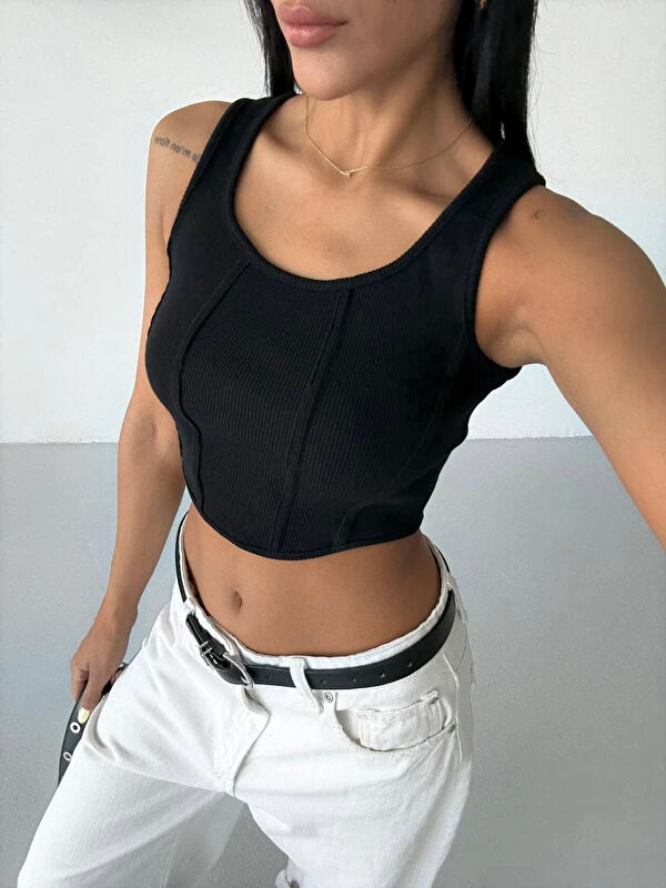 carla10 Kadın Siyah Kaşkorse Crop Bluz