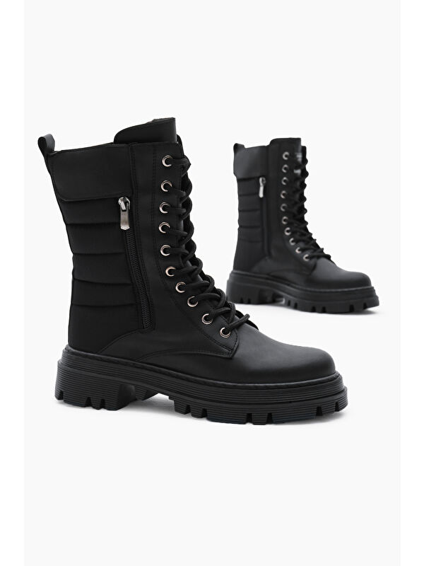 Tonny Black Siyah Tonny Black Cilt Termo Kadın Taban Nakışlı Dilim Desenli Cırtlı Bağcıklı ve Fermuarlı Bot