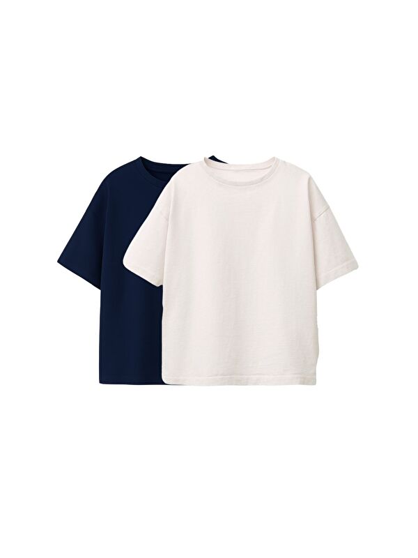 ZUZUNGA Basic 2'Li Unisex Bisiklet Yaka T-Shirt ( Lacivert - Beyaz )
