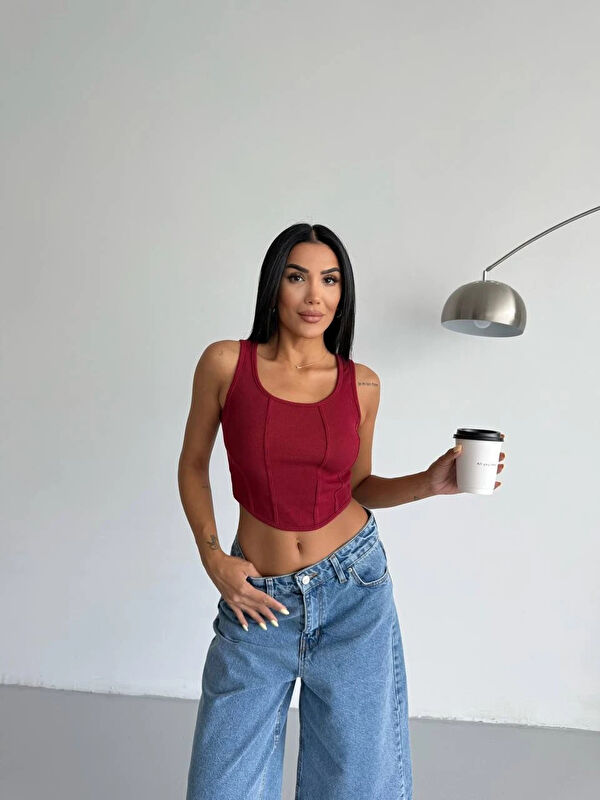 carla10 Kadın Bordo Kaşkorse Crop Bluz