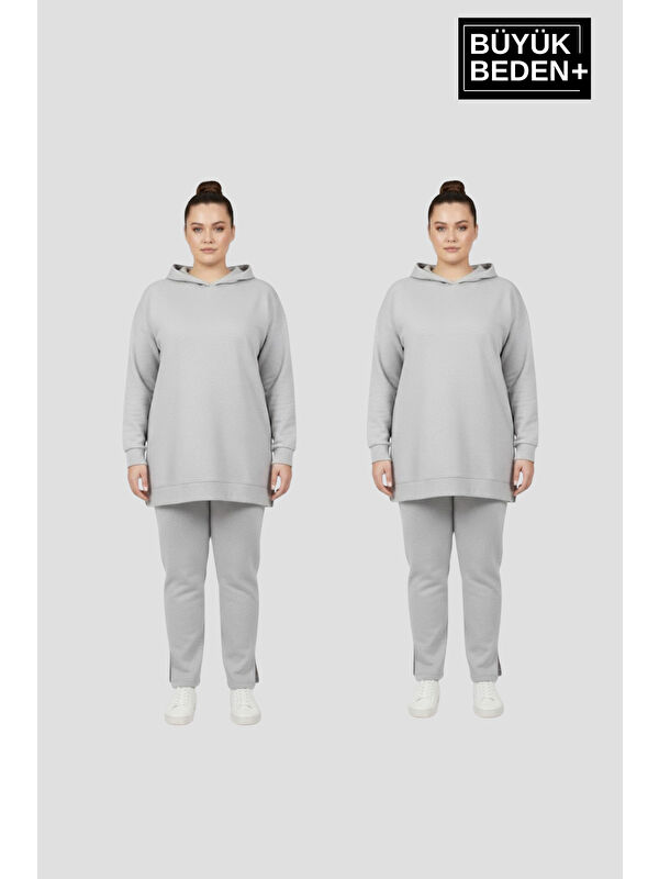 Süperlife Kadın Büyük Beden 2 'li Set Kapüşonlu Tunik ince Sweatshırt SPR26BTK991+2