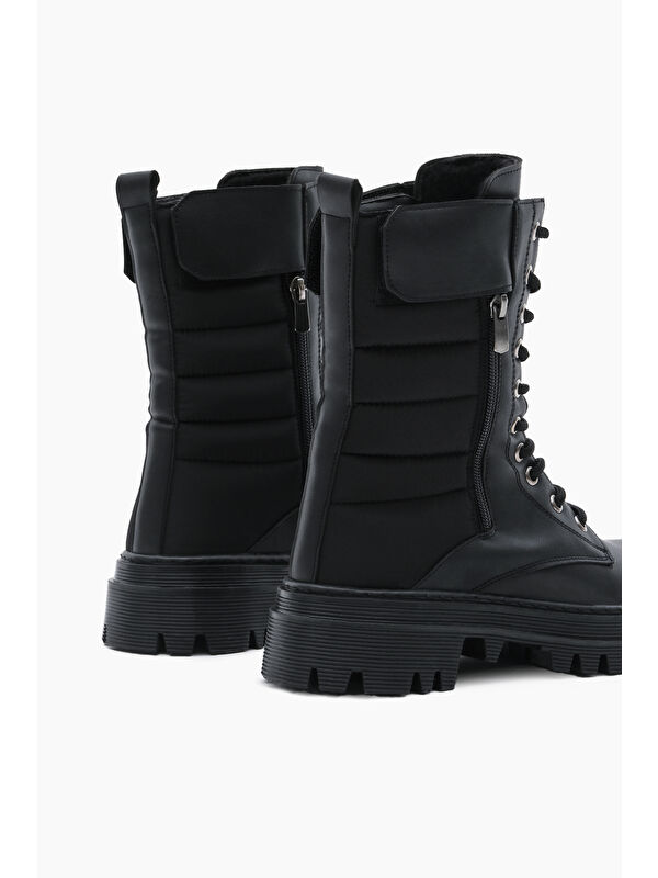 Tonny Black Siyah Tonny Black Cilt Termo Kadın Taban Nakışlı Dilim Desenli Cırtlı Bağcıklı ve Fermuarlı Bot