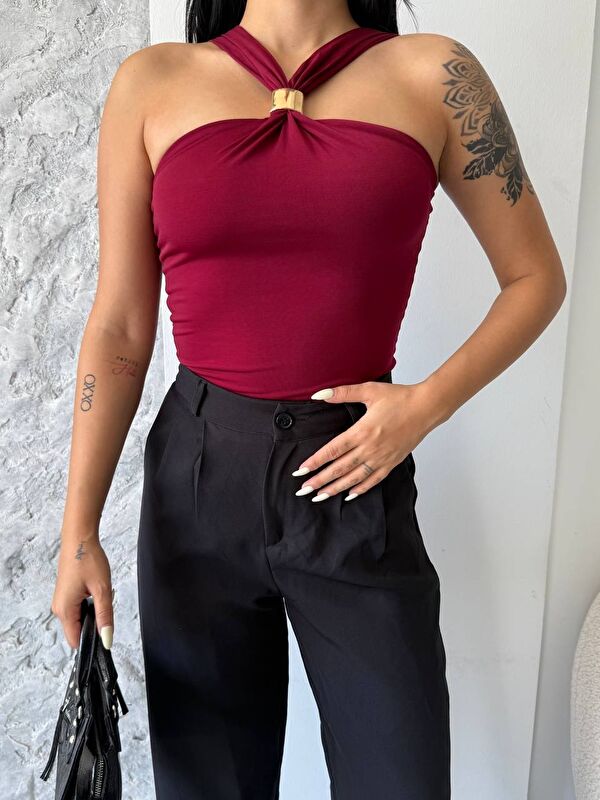 carla10 Bordo Sandy Kumaş Yaka Detay Bluz