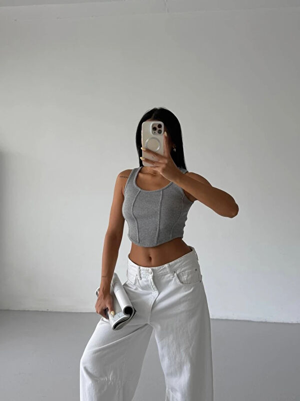 carla10 Kadın Gri Kaşkorse Crop Bluz