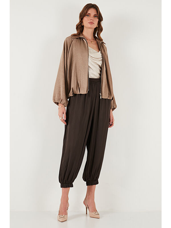 Lela Comfort Fit Yüksek Bel Lastikli Paça Saten Pantolon 68351217