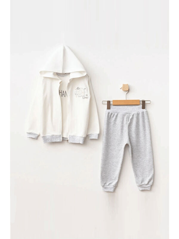 AZİZ BEBE Erkek Bebek Fil Nakışlı Sweatshirt Pantolon T-shirt 3'lü Alt Üst Bebek Takımı 3 Ay-24 Ay
