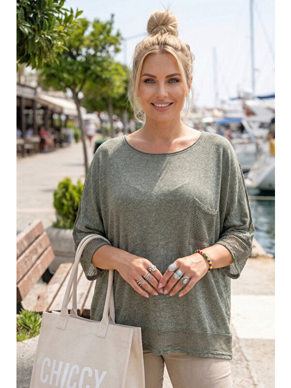 Chiccy Haki Bisiklet Yaka 3/4 Kol, Kol Ve Etek Ucu File Detaylı Casual Müslin Oversize Dokuma Bluz 60 65