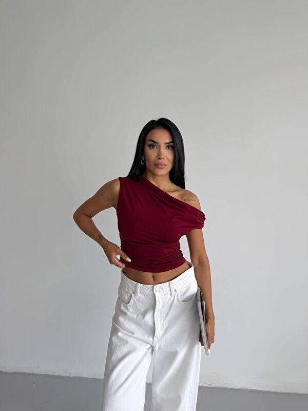 carla10 Omuz Detay Bordo Sandy Bluz