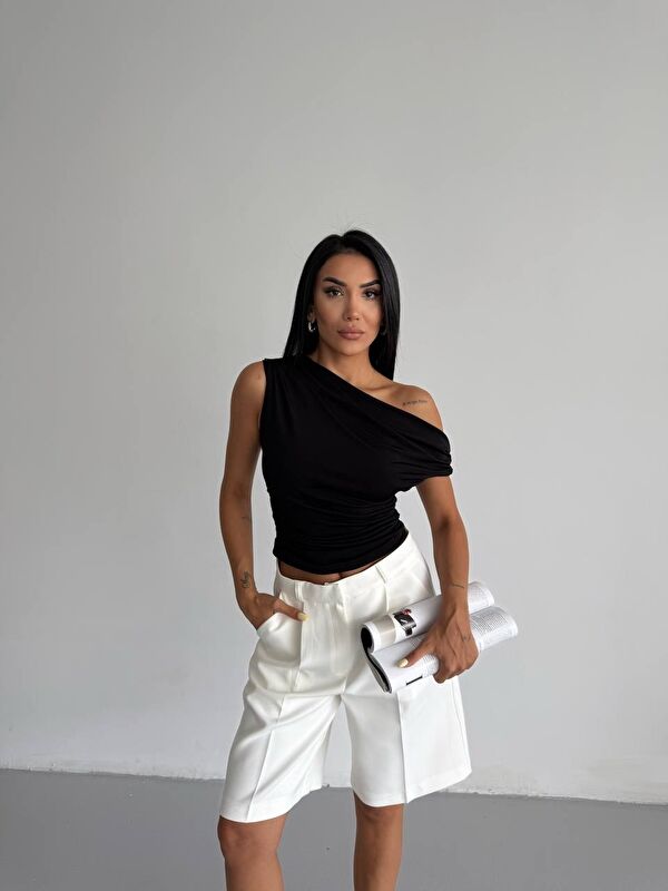 carla10 Omuz Detay Siyah Sandy Bluz