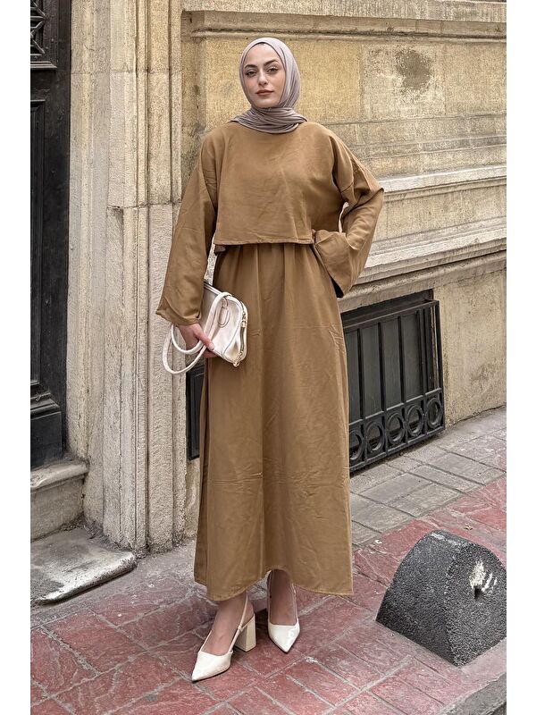 Lamelif Etekli Tesettür Takım Camel