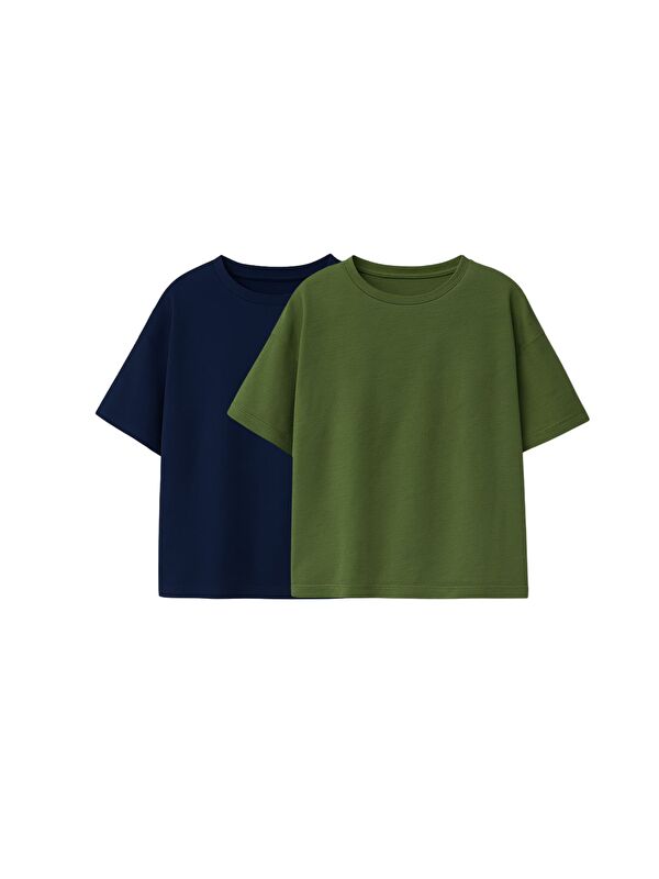 ZUZUNGA Basic 2'Li Unisex Bisiklet Yaka T-Shirt ( Lacivert - Haki )