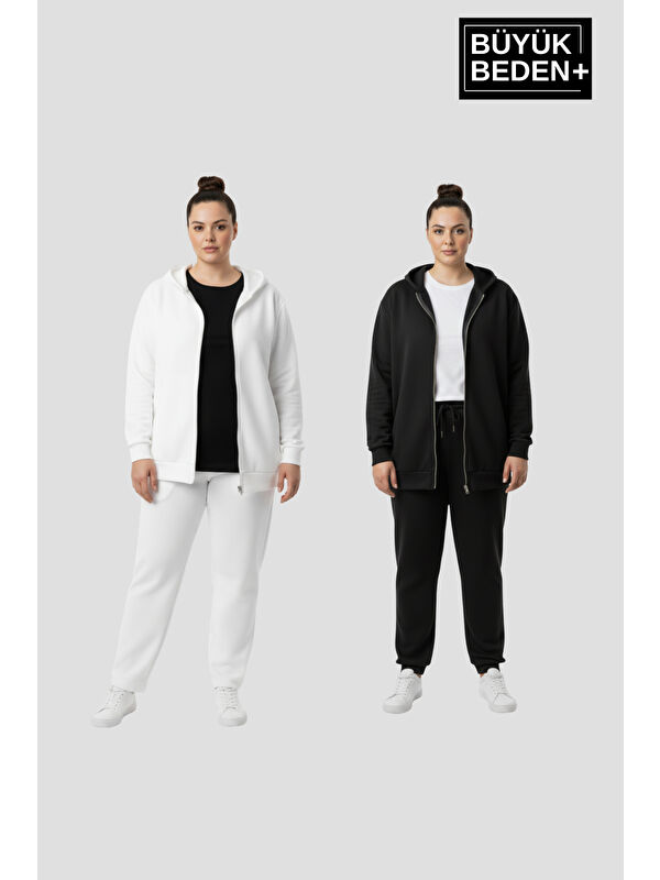 Süperlife Kadın Büyük Beden Fermuarlı Kapüşonlu 3'lü Set ince Sweatshirt Hırka - Rahat Kalıp SPR26BHRK960+2