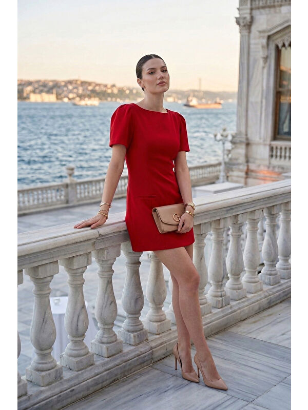 Lela Kayık Yaka Balon Kol Mini Davet Kadın Elbise 6525735