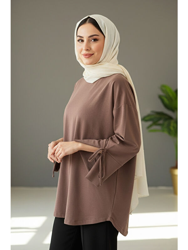 Remsa Manşeti ve Beli Bağcık Detay Sweat Tunik 3066 Vizon