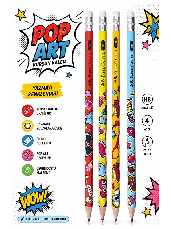 Faber-Castell Popart Silgili Kurşun Kalem 4 Adet Yuvarlak Gövdeli Siyah Kurşun Kalem Yumuşak Yazım