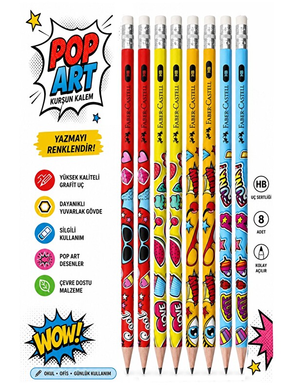 Faber-Castell Popart Silgili Kurşun Kalem 8 Adet Yuvarlak Gövdeli Siyah Kurşun Kalem Yumuşak Yazım