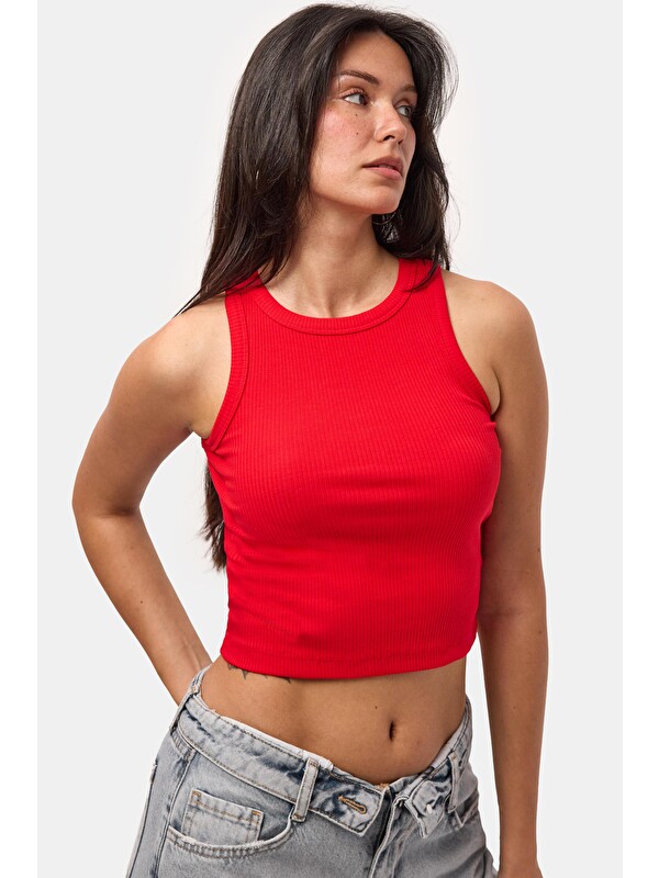 It's Basic Kadın Kırmızı s6-19 Sıfır Kol Esnek Kumaş Crop Top