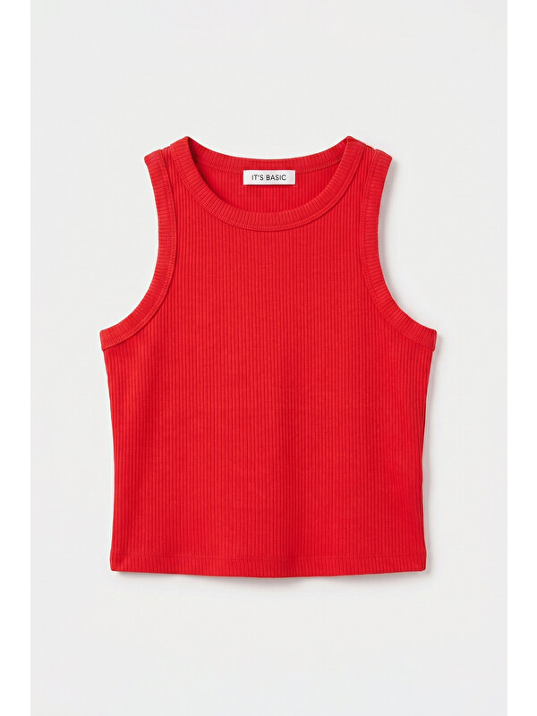 It's Basic Kadın Kırmızı s6-19 Sıfır Kol Esnek Kumaş Crop Top