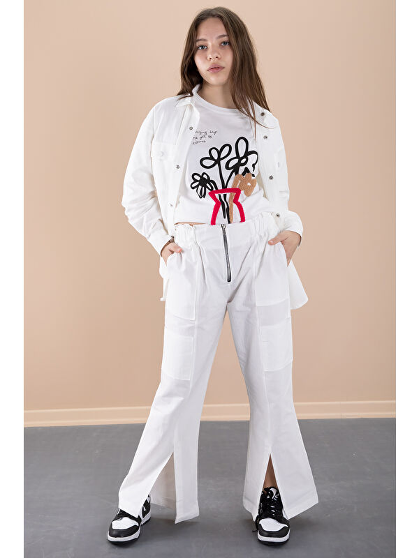 Cansın Mini Ekru Kız Çocuk Çiçek Baskılı Gömlekli Jogger Pantolonlu 3lü Takım 20472
