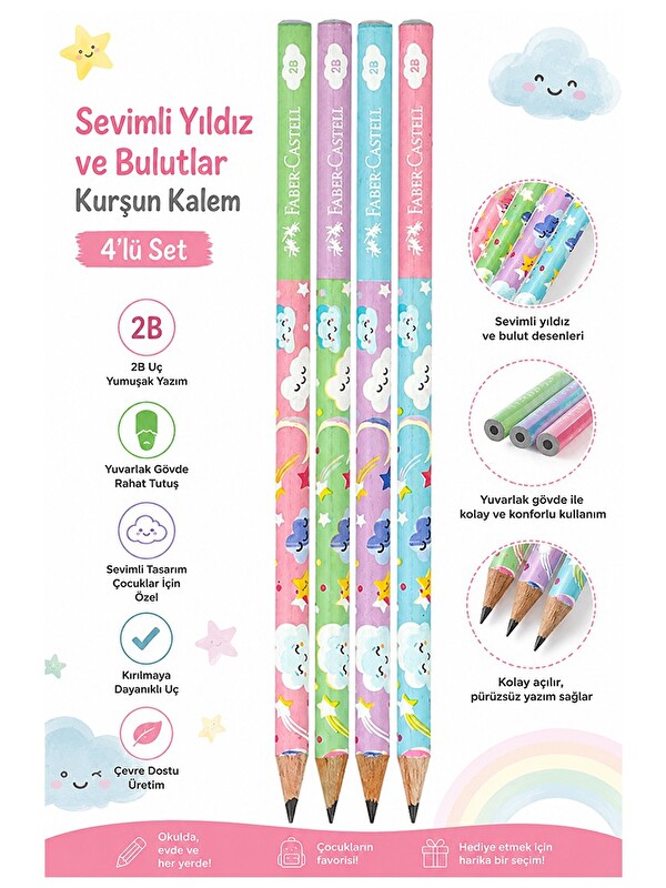 Faber-Castell Sevimli Bulutlar Kurşun Kalem 4 Adet Faber Castell Yuvarlak Gövdeli Siyah Kurşun Kalem Yumuşak Yazım