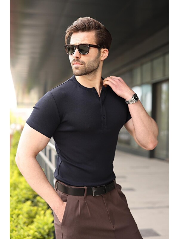 Madmext Lacivert Yarım Düğmeli Slim Fit Erkek Tişört E7186