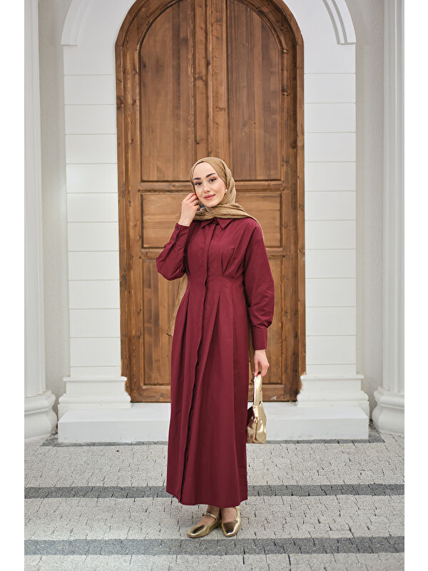 Locco Moda Kadın Beli Pileli Gömlek Yaka Gizli Düğmeli Elbise Bordo