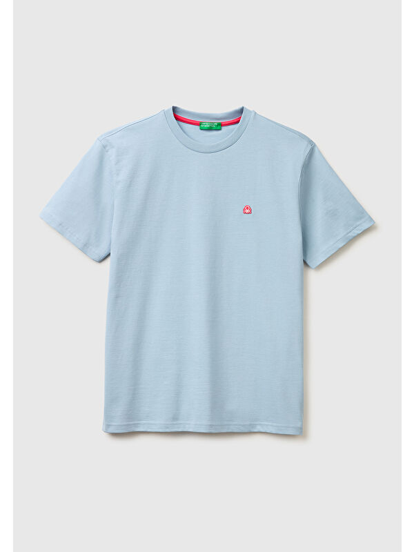 United Colors Of Benetton Erkek Açık Mavi %100 Pamuk Benetton Logolu Bisiklet Yaka T-Shirt