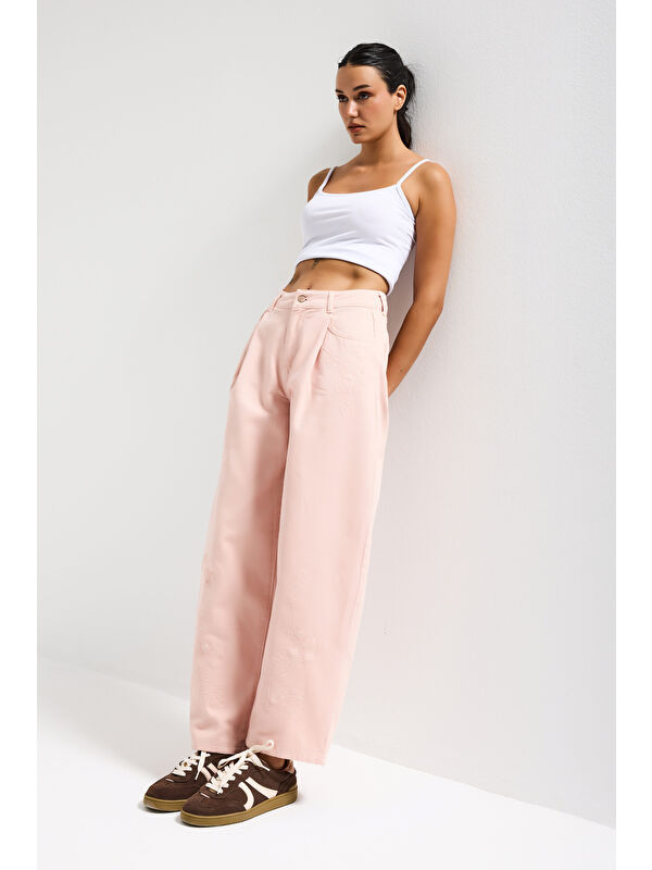 It's Basic Kadın Pudra 6s6-20 Wide Leg Pleat Fit Nakış Desenli Özel Tasarım Denim Jean
