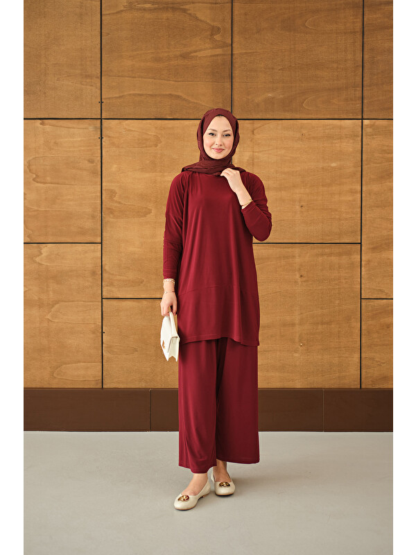 Locco Moda Kadın Dikiş Detay Yırtmaçlı Takım Bordo