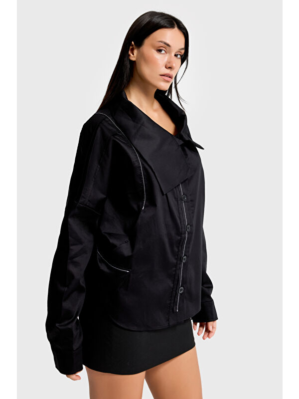It's Basic Kadın Siyah Renk Oversize Özel Tasarım Gömlek