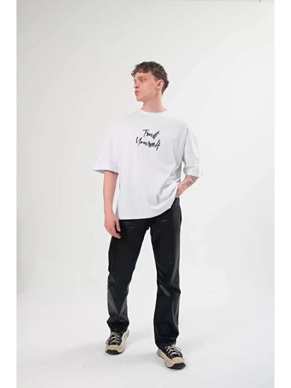 Jane's Unisex Bisiklet Yaka Baskılı Oversize T-Shirt - Beyaz