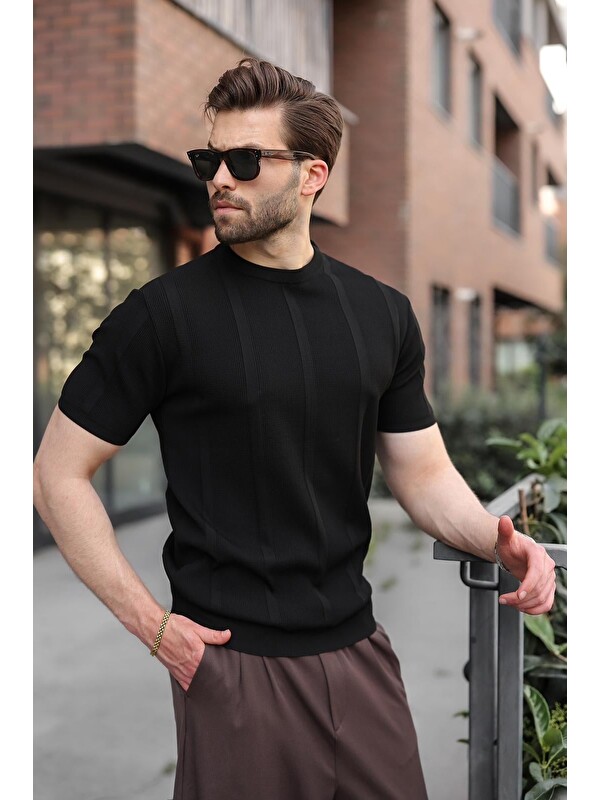 Madmext Siyah Regular Fit Bisiklet Yaka Fitilli Triko Erkek Tişört E7490