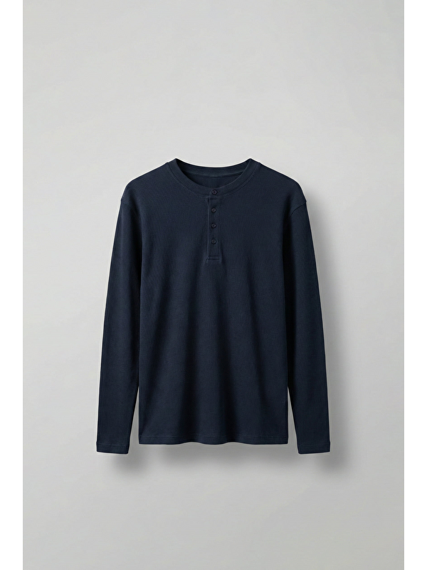 Abluka Online Erkek Oversize Düğmeli Basic Uzun Kollu T-Shirt Lacivert