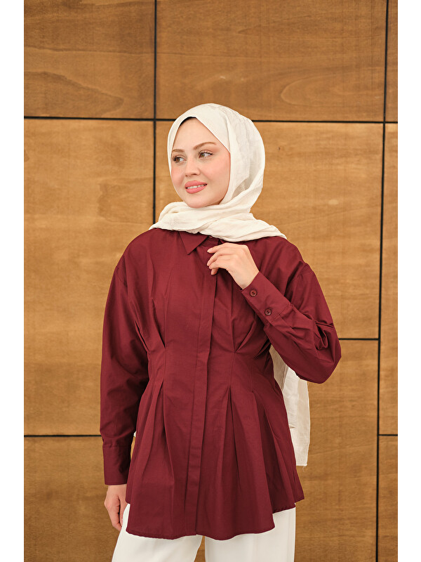 Locco Moda Kadın Beli Pile Detay Gizli Düğmeli Gömlek Bordo