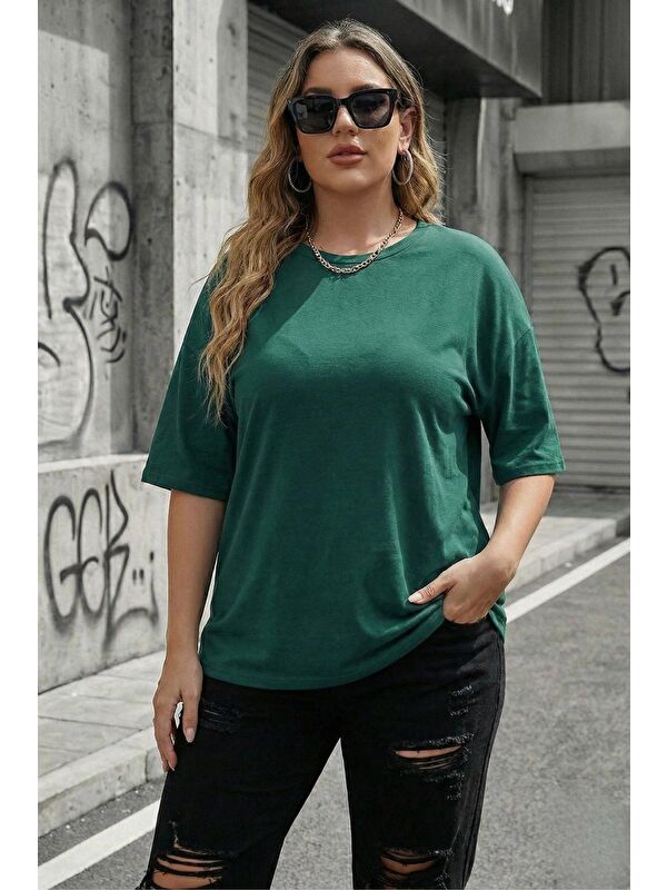 Oksit Mily Kadın Büyük Beden Battal Basic Bisiklet Yaka Pamuklu T-Shirt Rahat Kesim Unisex Sevgili Kombini
