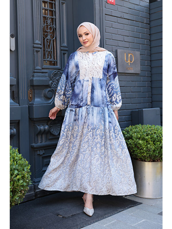 Locco Moda Kadın Dantel Desen Elbise Mavi