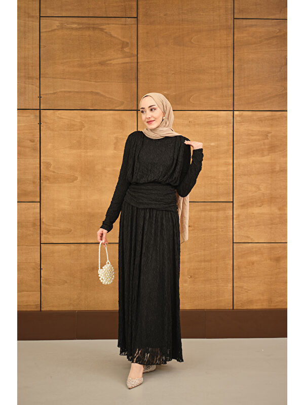 Locco Moda Kadın Tül Kumaş Kendinden Desenli Bel Büzgü Detay Elbise Siyah