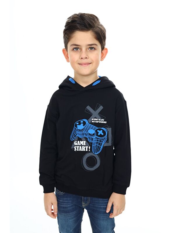 Toontoykids Erkek Çocuk Relax Fit Kapüşonlu Cepli Düşük Omuz Baskılı Sweatshirt - 2 İplik