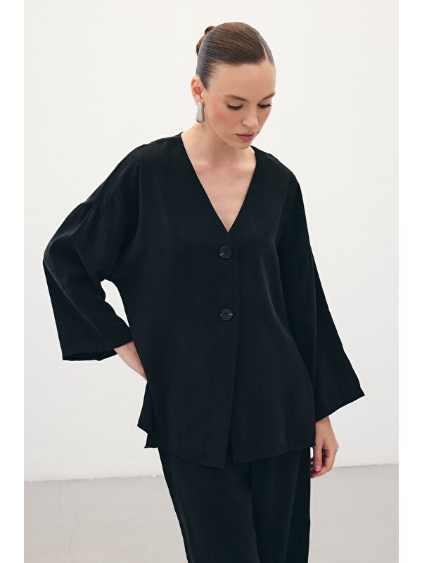 SATEEN Düğmeli Kimono - Siyah
