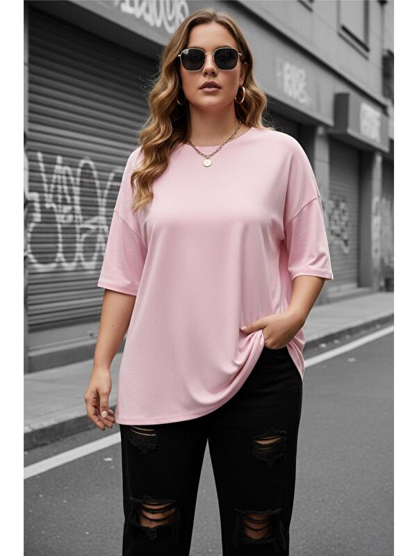 Oksit Mily Kadın Büyük Beden Battal Basic Bisiklet Yaka Pamuklu T-Shirt Rahat Kesim Unisex Sevgili Kombini