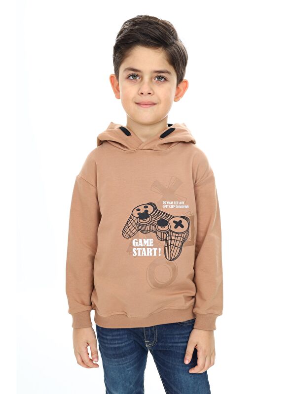 Toontoykids Erkek Çocuk Relax Fit Kapüşonlu Cepli Düşük Omuz Baskılı Sweatshirt - 2 İplik