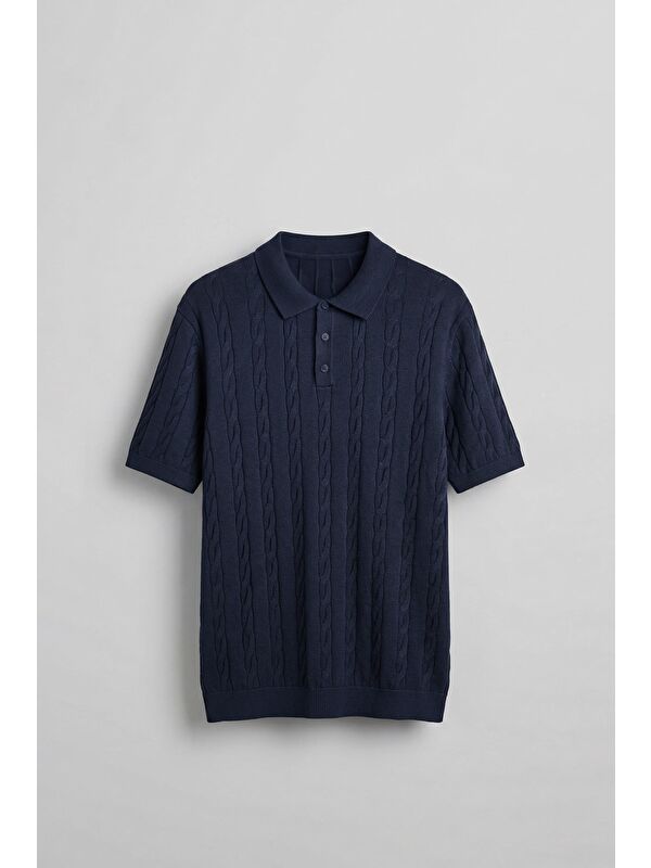 Abluka Online Erkek Regular Fit Saç Örgü Pamuklu Triko Polo Yaka T-Shirt Lacivert