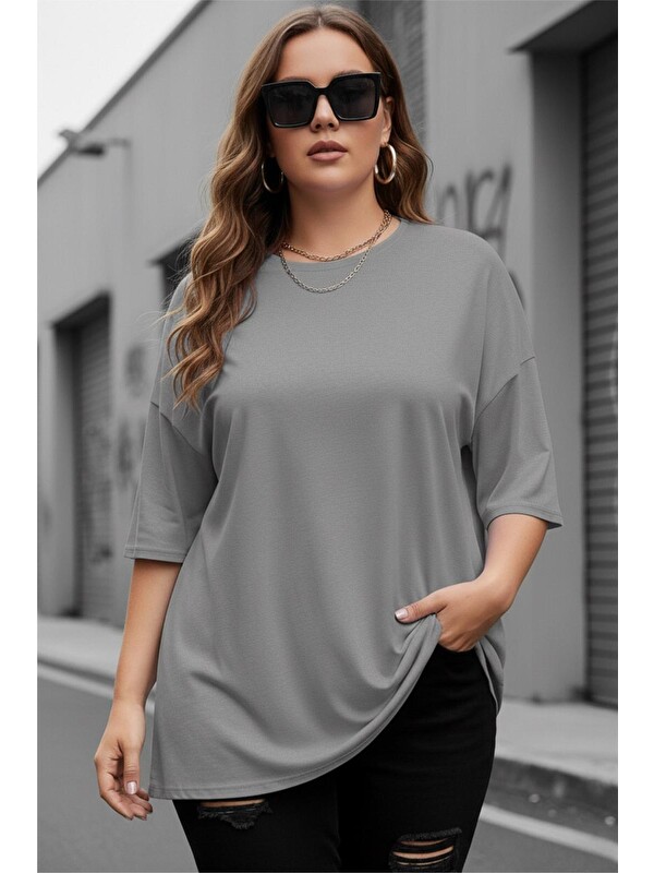 Oksit Mily Kadın Büyük Beden Battal Basic Bisiklet Yaka Pamuklu T-Shirt Rahat Kesim Unisex Sevgili Kombini