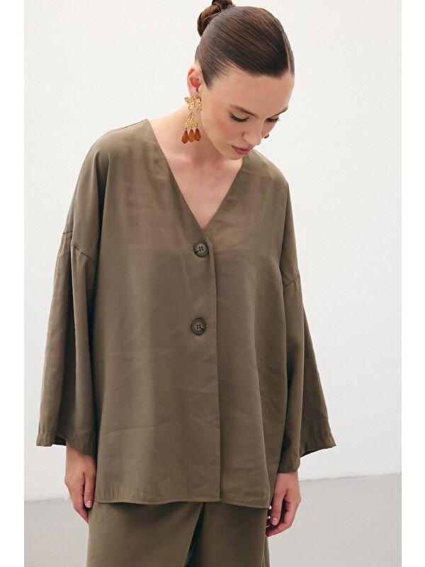 SATEEN Düğmeli Kimono - Haki
