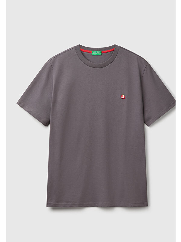 United Colors Of Benetton Erkek Koyu Gri %100 Pamuk Benetton Logolu Bisiklet Yaka T-Shirt