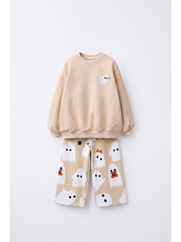 Magu Çocuk Desenli Ekru Sweatshirt Ve Bol Paça Eşofman Takımı