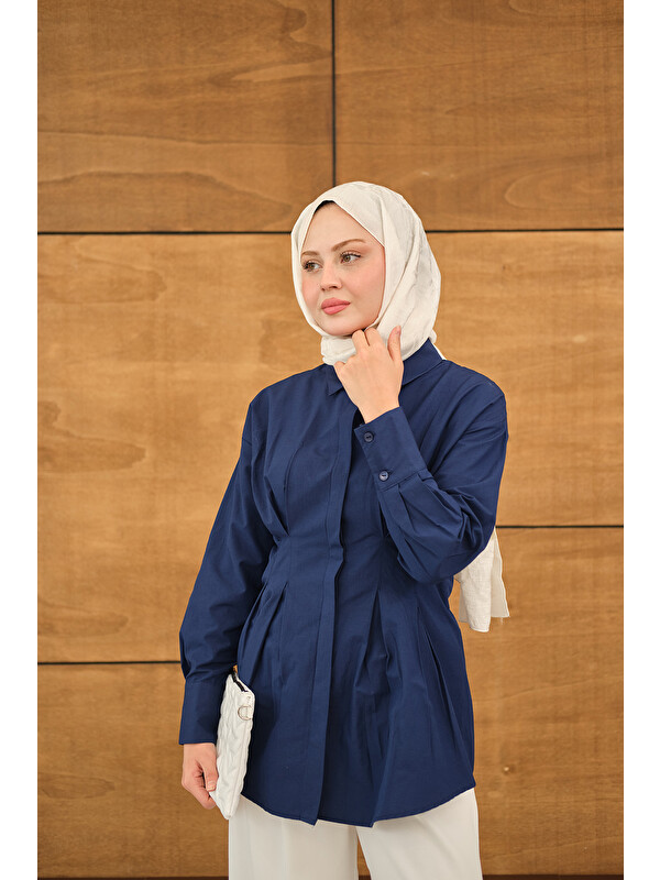 Locco Moda Kadın Beli Pile Detay Gizli Düğmeli Gömlek Lacivert