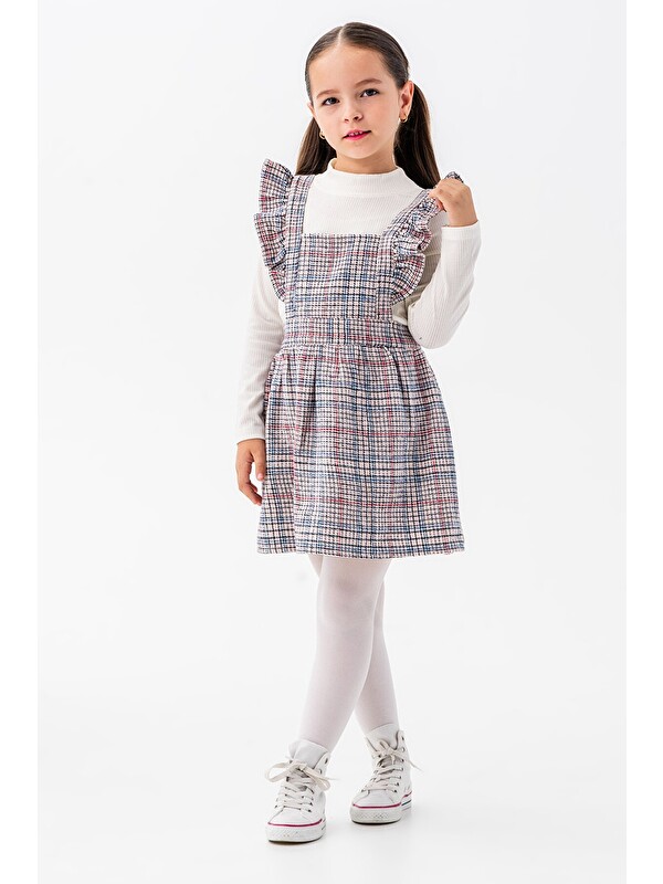 Cansın Mini Mavi Kız Çocuk Ekose Desenli Salopet Takım 22681