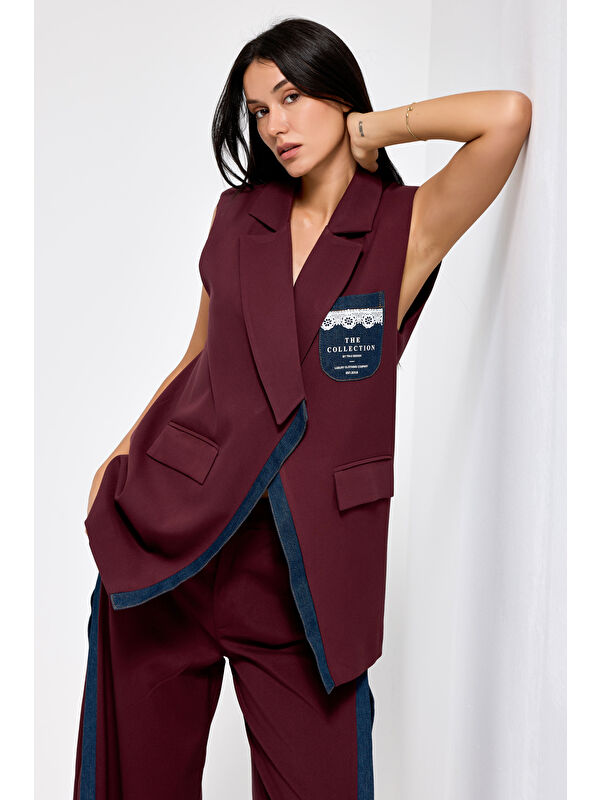 It's Basic Kadın Bordo Renk Denim Parçalı Uzun Boy Özel Tasarım İçi Astarlı Yelek
